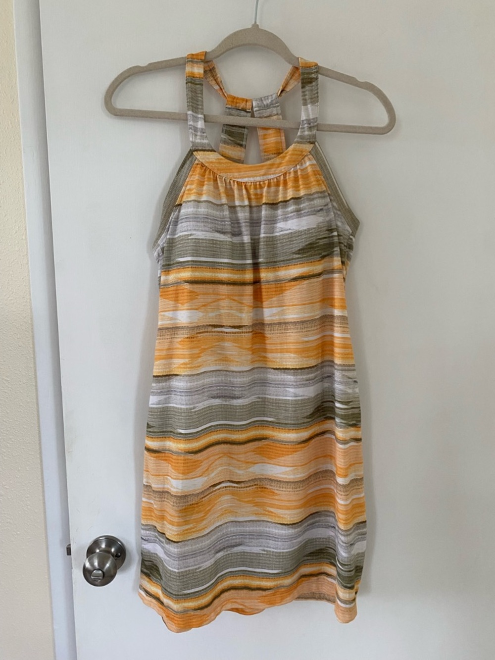 Prana Striped Halter Active Dress Yellow Gray Olive Built-in Bra Women’s Small